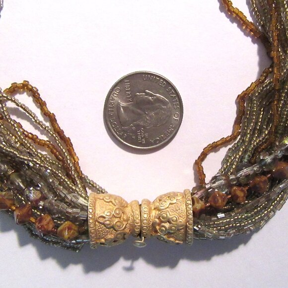 Gold beaded multi strand necklace with iridescent, clear and brown beading MCM - Picture 8 of 10